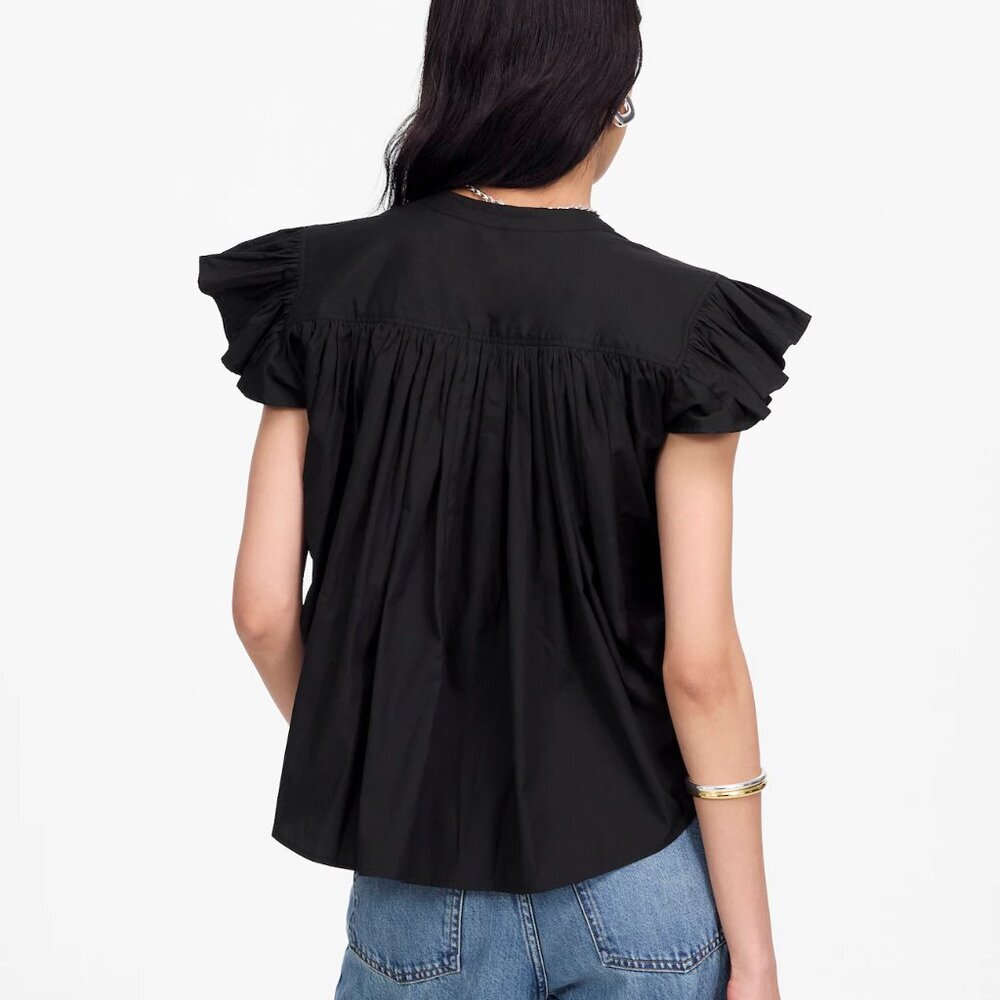 Madewell Poplin Shirred Button Up Cotton Short Sleeve Shirt Black Size XL NWT - Picture 2 of 8